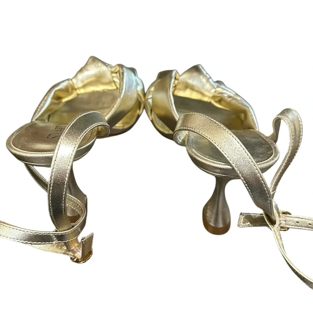 Stuart Weitzman Playa Metallic Leather Square Toe Knotted Ankle Strap Stiletto
